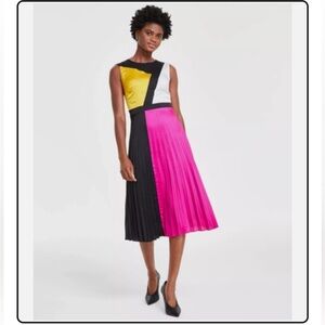 NWT Karl Lagerfeld Paris Women's Black Satin Colorblock Sleeveless Midi Dress